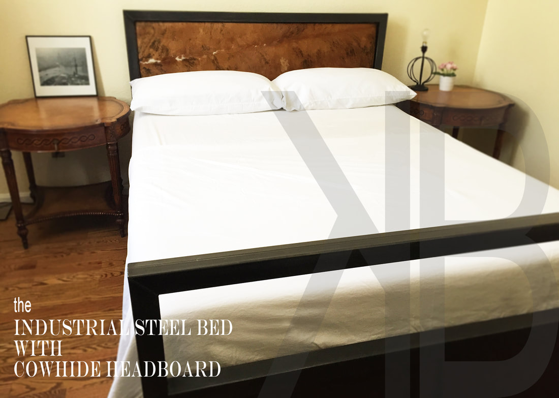 STEEL BED WITH COWHIDE HEADBOARD, Denver Colorado Industrial furniture modern bed